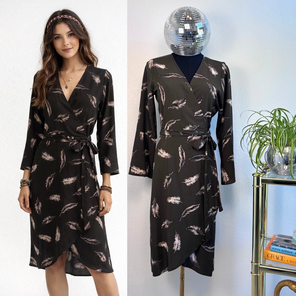 Veronica M. Feather Print Wrap Dress, Size XS, Olive Green, boho flared sleeves